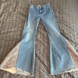 Blue and Brown Flared Jeans with Patterned Inserts